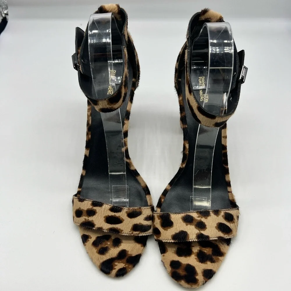 Diane Von Furstenberg - Chain-link Leopard Ankle Strap Open Toe High Heels SZ 11